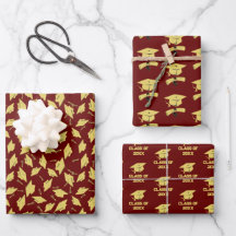 Graduation Party Gold Caps on Maroon Gift Wrap