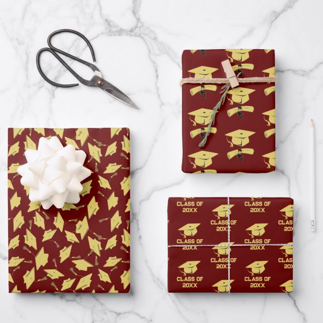 Graduation Party Gold Caps on Maroon Gift Wrap (Front)