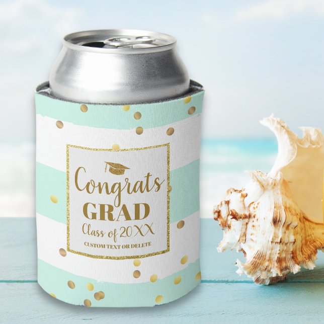 Graduation Party Gold Glitter Mint Stripes Custom Can Cooler (Creator Uploaded)