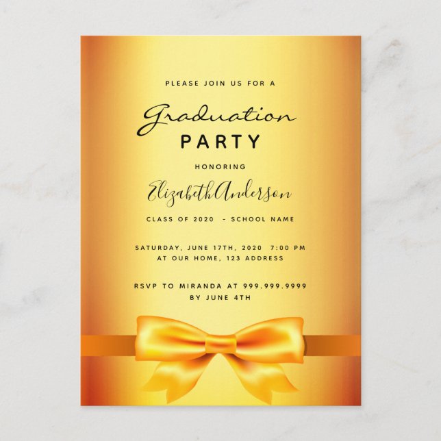 Graduation party gold invitation postcard (Front)