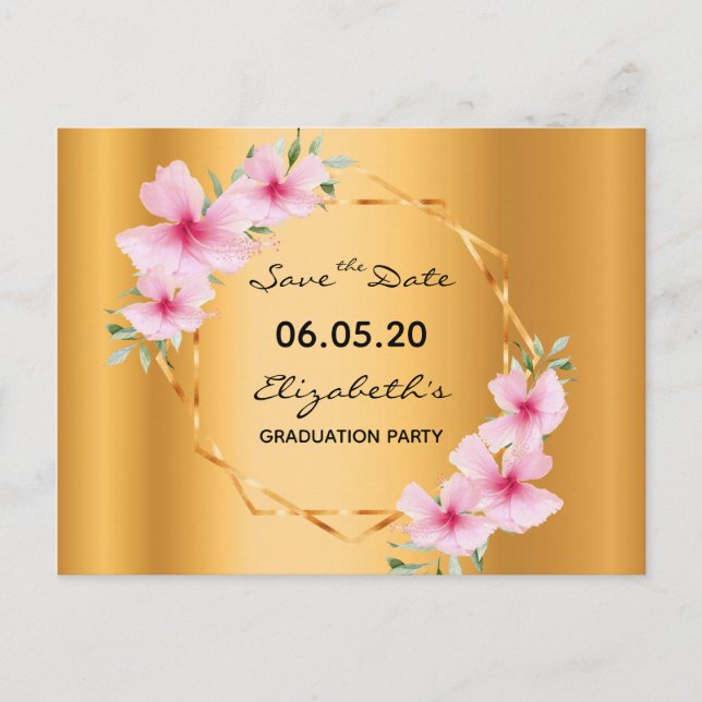 Graduation party gold pink florals geometric postcard (Front)