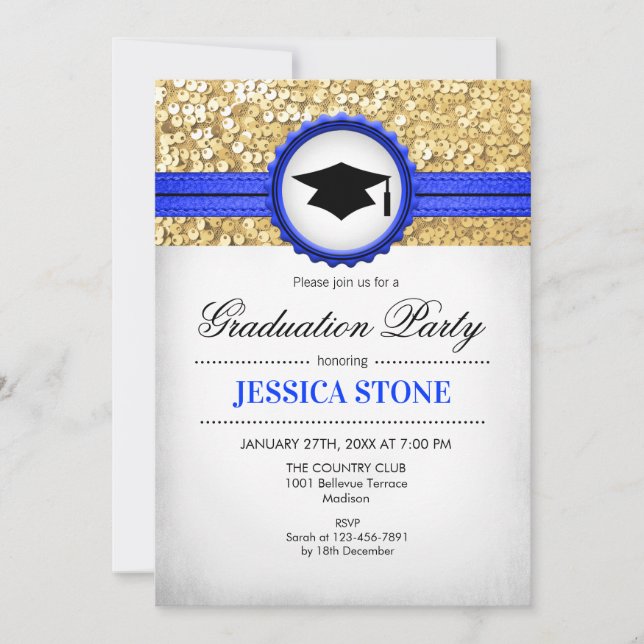 Graduation Party - Gold Royal Blue White Invitation (Front)