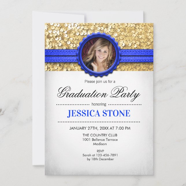 Graduation Party - Gold White Royal Blue - Photo Invitation (Front)