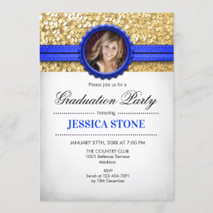 Graduation Party - Gold White Royal Blue - Photo Invitation