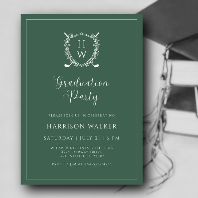 Graduation Party Golf Crest Elegant Script Sage Invitation (A polished look for a milestone worth celebrating. Custom monogram makes it uniquely theirs.)
