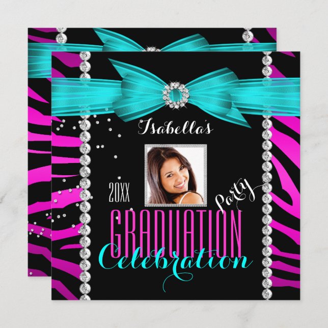 Graduation Party Grad Pink Teal Blue Zebra Photo Invitation (Front/Back)