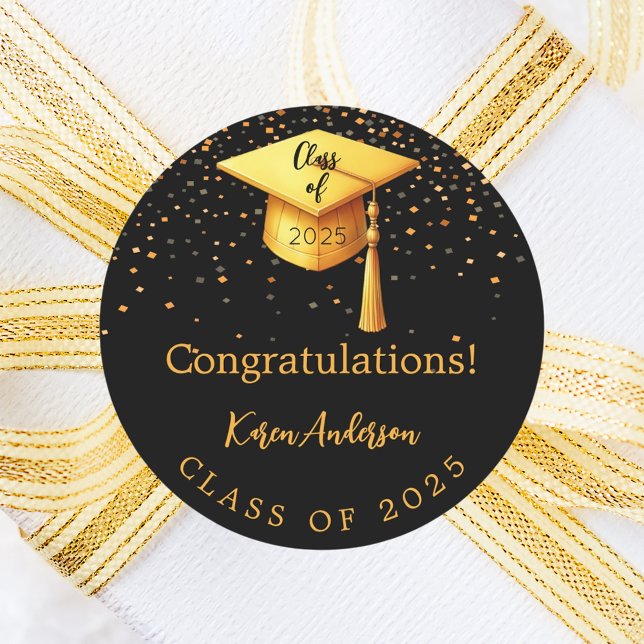 Graduation party graduate black gold cap 2025 classic round sticker (Creator Uploaded)