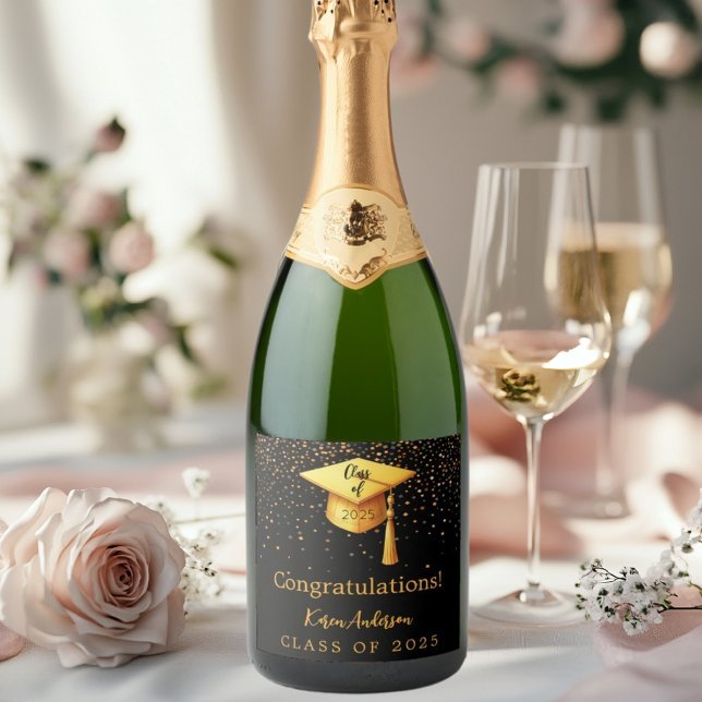 Graduation party graduate black gold cap 2025 sparkling wine label (Creator Uploaded)