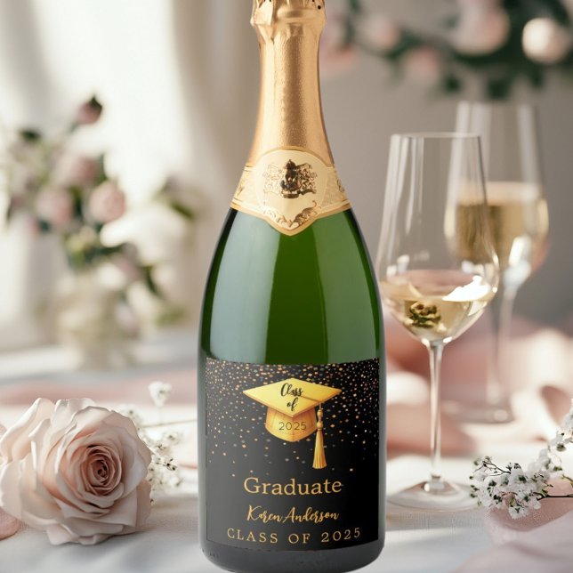 Graduation party graduate black gold cap 2025 sparkling wine label (Creator Uploaded)