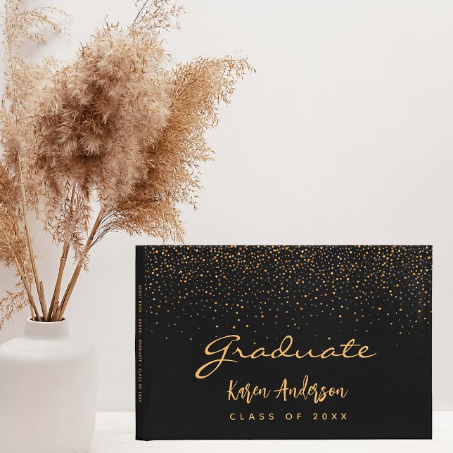 Graduation party graduate black gold confetti guest book (Creator Uploaded)