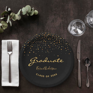 Graduation party graduate black gold paper plate