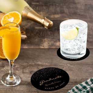 Graduation party graduate black gold purple round paper coaster