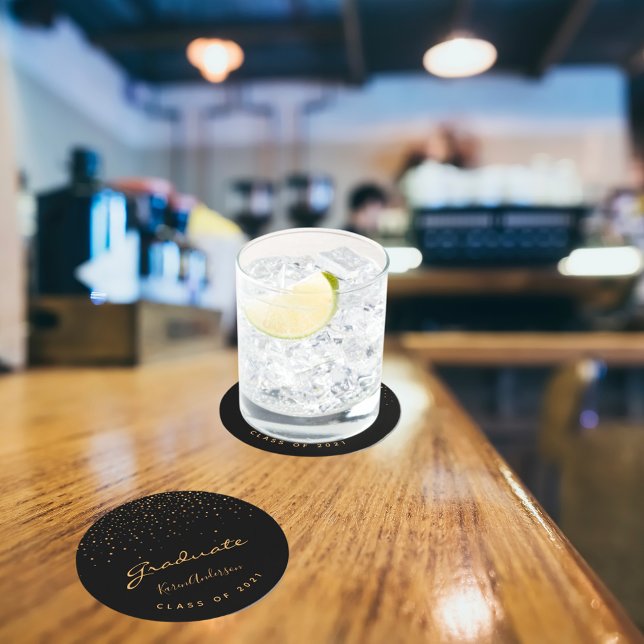 Graduation party graduate black gold round paper coaster (Creator Uploaded)