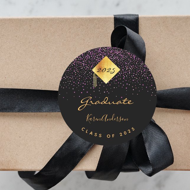 Graduation party graduate black purple cap classic round sticker (Creator Uploaded)