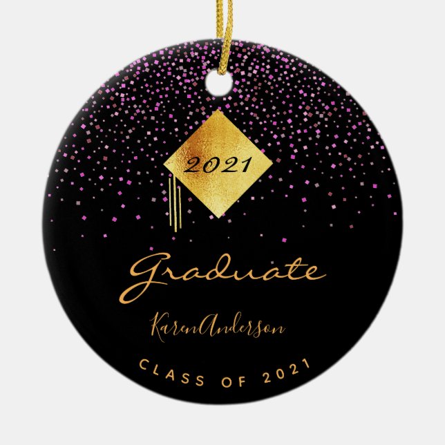 Graduation party graduate black purple gold ceramic ornament (Front)