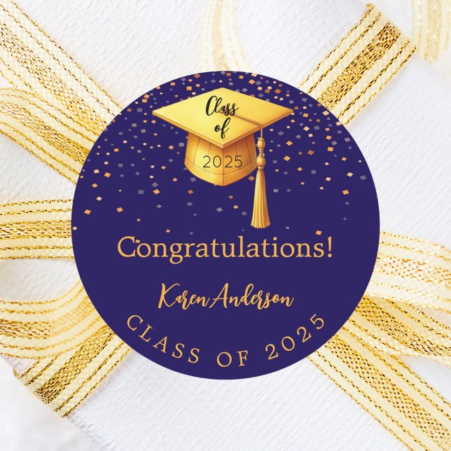 Graduation party graduate blue gold cap 2025 classic round sticker (Creator Uploaded)
