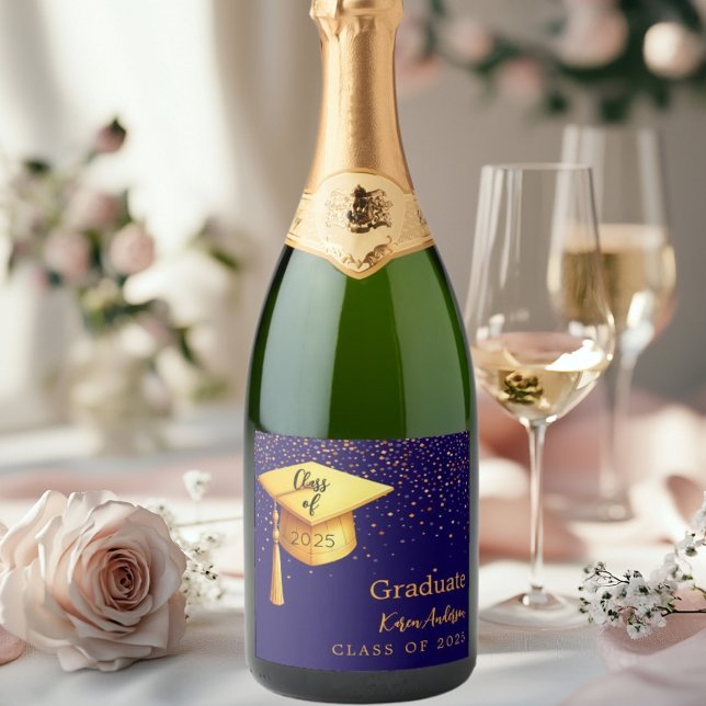 Graduation party graduate blue gold cap 2025 sparkling wine label (Creator Uploaded)
