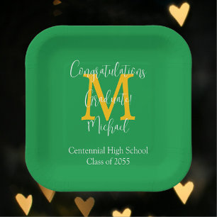Graduation Party Green Gold White Name Monogram Paper Plate