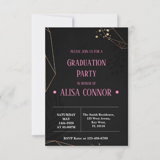 Graduation Party Invintation Black and Pink RSVP Card (Front)