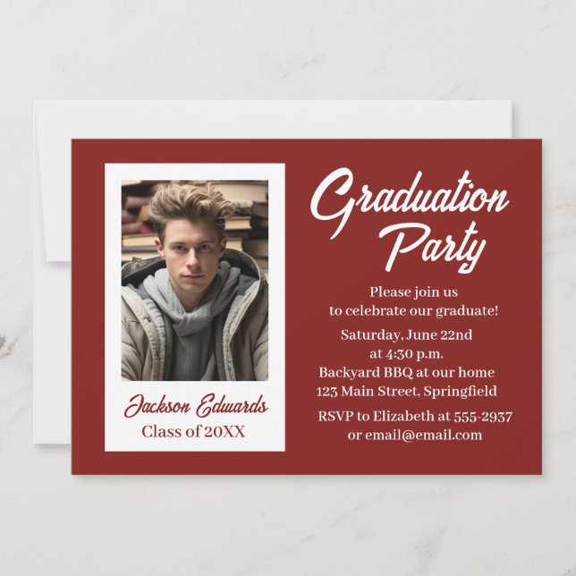 Graduation Party Invitation dark red simple photo (Front)