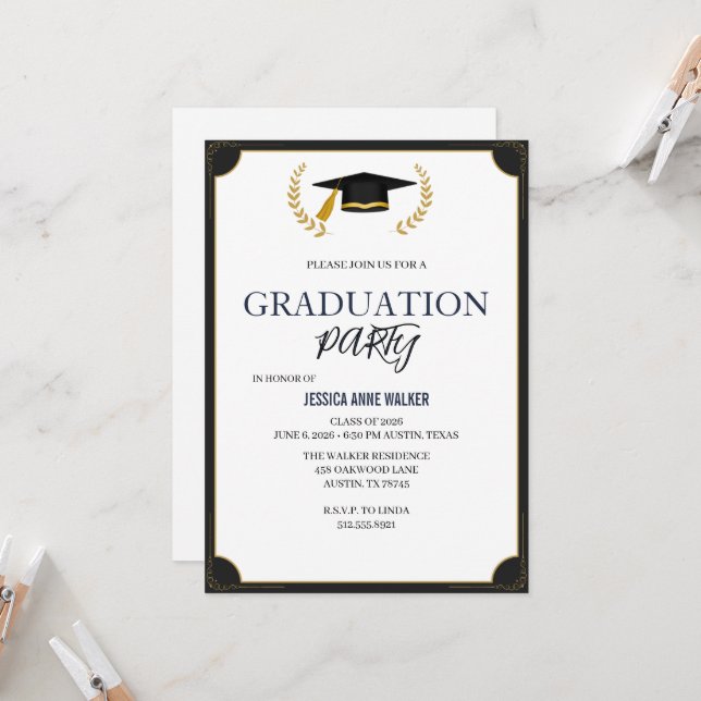 Graduation Party Invitation Elegant Blue Editable  (Front/Back In Situ)