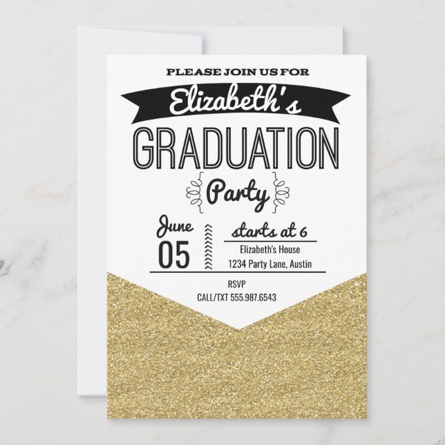 Graduation Party Invitation Gold Glitter and Black (Front)