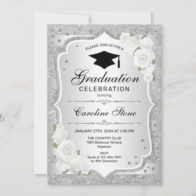 Graduation Party Invitation - Silver White (Front)
