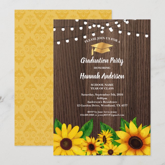 Graduation party invitation. Sunflower rustic wood Invitation (Front/Back)