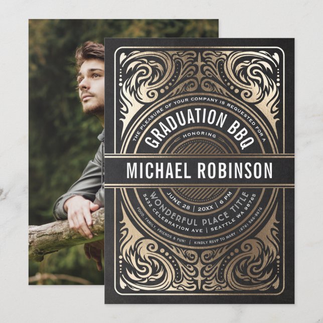Graduation Party Invitations Gold Foil Black Photo (Front/Back)