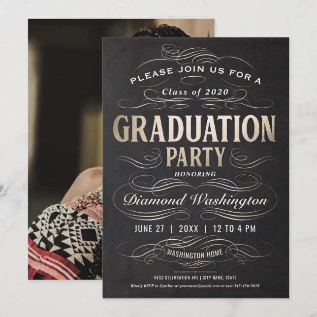 Graduation Party Invitations Scrollwork Gold Foil (Front/Back)