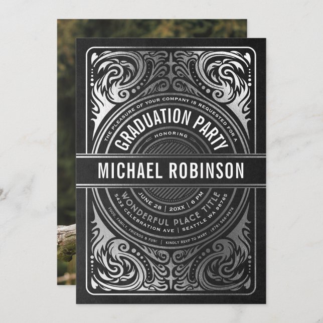 Graduation Party Invitations Silver Foil Photo (Front/Back)