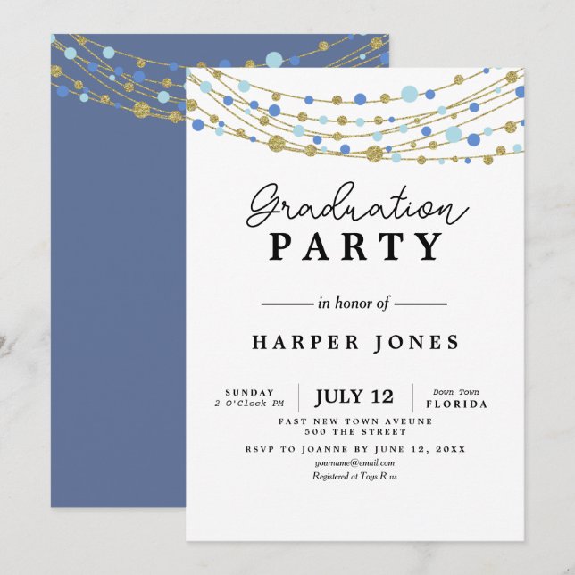graduation party invite blue and gold birthday (Front/Back)
