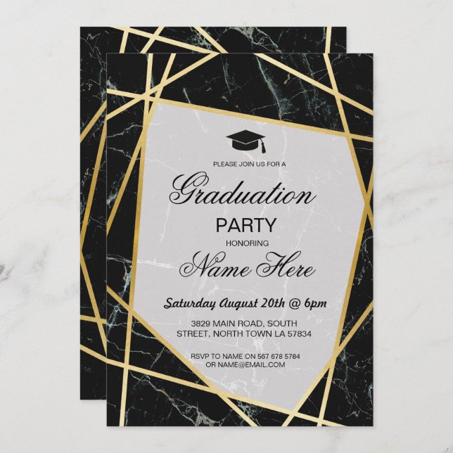 Graduation Party Invite Elegant Black Marble Gold (Front/Back)