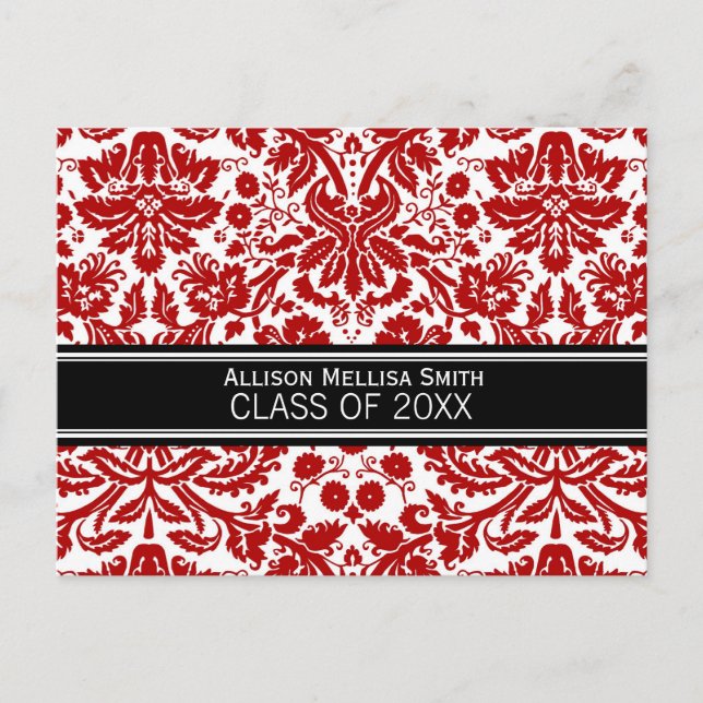 Graduation Party Invite Red Black Damask (Front)