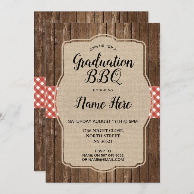 Graduation Party Invite Red Gingham BBQ Burlap (Front/Back)