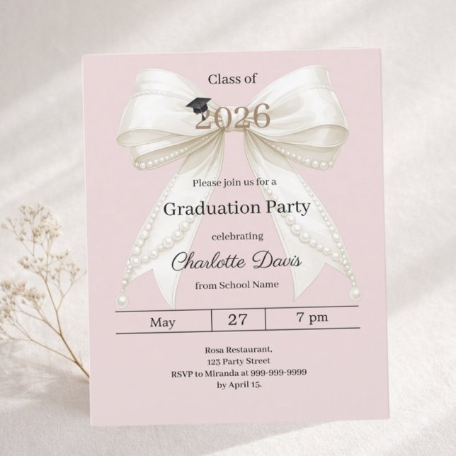 Graduation party ivory bow pink 2026 invitation (Creator Uploaded)