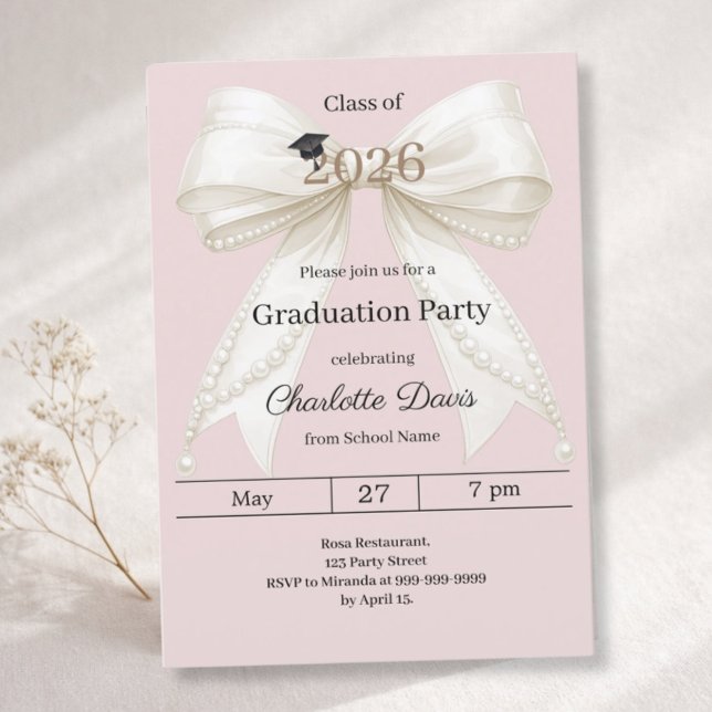 Graduation party ivory bow pink class of 2026 invitation (Creator Uploaded)