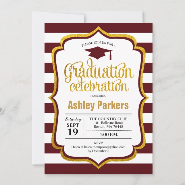 Graduation Party - Maroon Gold White Invitation (Front)