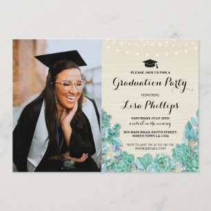 Graduation Party Mint Succulents Floral Photo Invitation