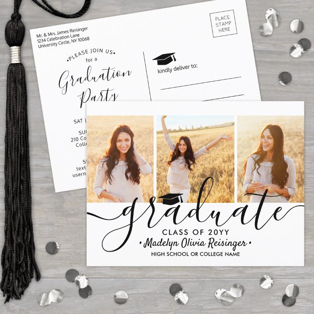 Graduation Party Modern Black and White 3 Photo Invitation Postcard (Creator Uploaded)