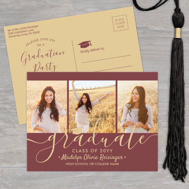 Graduation Party Modern Burgundy and Gold 3 Photo Invitation Postcard (Creator Uploaded)