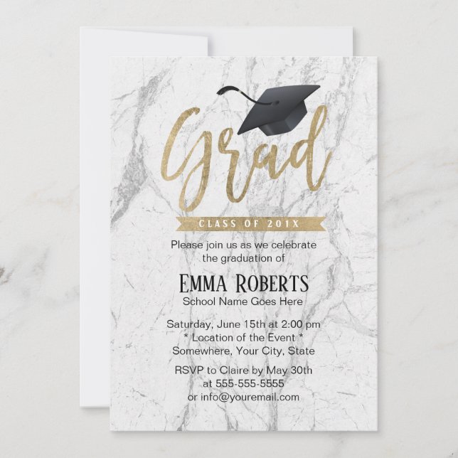 Graduation Party Modern Gold Script White Marble Invitation (Front)