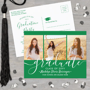 Graduation Party Modern Green  and White 3 Photo Invitation Postcard