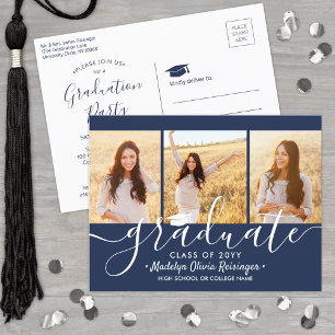 Graduation Party Modern Navy Blue & White 3 Photo Invitation Postcard
