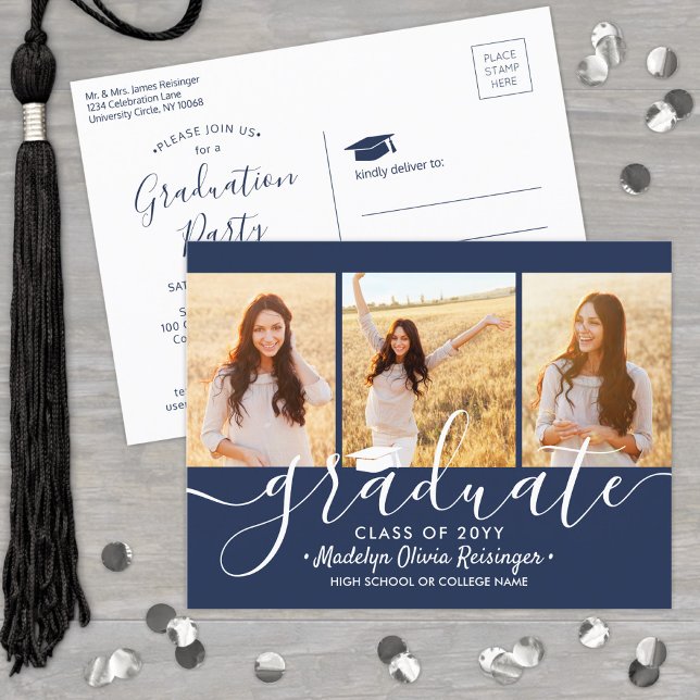 Graduation Party Modern Navy Blue & White 3 Photo Invitation Postcard (Creator Uploaded)