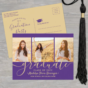 Graduation Party Modern Purple and Gold 3 Photo Invitation Postcard