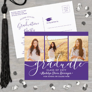 Graduation Party Modern Purple and White 3 Photo Invitation Postcard