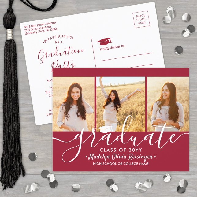 Graduation Party Modern Red and White 3 Photo Invitation Postcard (Creator Uploaded)