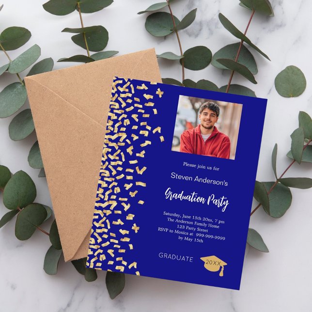 Graduation party navy blue gold photo invitation (Creator Uploaded)