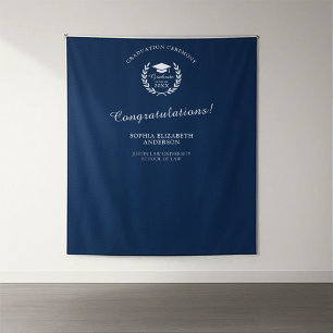 Graduation Party Navy Blue Laurel Wreath Backdrop Tapestry